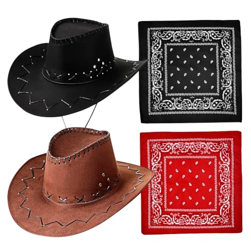 Cowboyhut für Damen, 4PCS Cowgirl Hut Zubehör Set mit Halstuch Breiter Krempe Cowboyhüte Fashion Western Cowboy Hut Cowgirl Kostüm Accessoires...