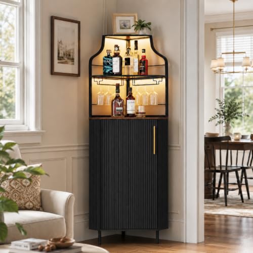 Image of ARTPOWER Corner Bar Cabinet with LED Strip, 4-Tiers Liquor Cabinet, Black
