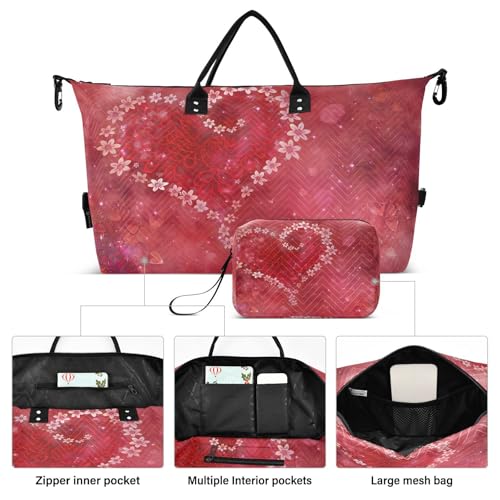 Happy Valentines Day Floral Heart Large Travel Duffle Bag Weekender Overnight Bags Gym Yoga Bag for Women Men with Toiletry Bag2