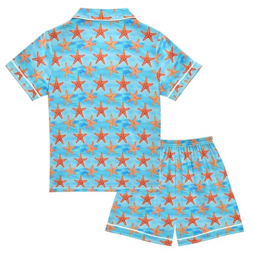 Starfish Blue Pattern Summer Satin Pajama Set, Cute Button-Down Sleepwear Pj Set for Sleep Wears2