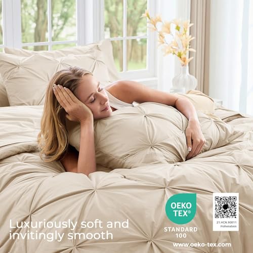 Image of Sasttie King Size Comforter Set, 7-Piece Bed in a Bag, Pintuck Bedding Set for All Season, Includes Comforter, Flat Sheet, Fitted Sheet, Pillowcases and Pillowshams, Warm Beige