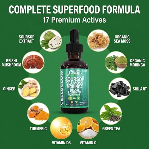 Image of CelluGlow Soursop Bitters Liquid Drops Green Tea Extract Sea Moss Moringa Shilajit Vitamin C D3 Garlic Turmeric Ginger Reishi Mushroom Grape Seed Lycopene Immune Support Supplement by Clean Nutra 4oz