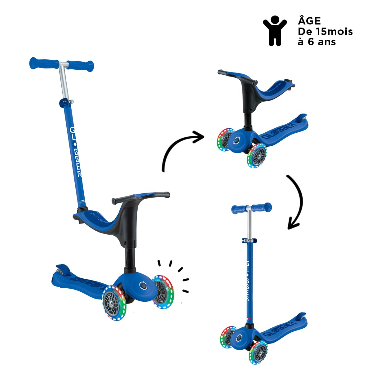 Globber - GO•UP Sporty Lights - Trottinette évolutive 3 Roues avec siège, pour Les Enfants de 15 Mois à 6 Ans