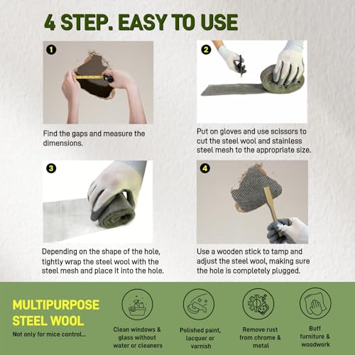 Image of Steel Wool Mice Control, 3 Pack 3''x11.5Ft Steel Wool & 1 Pack 5''x15Ft Stainless Steel Wire Mesh with Gloves, Scissors & Wood Stick, Mouse Hole Filler DIY Kit for House & Garage, Wall Gaps