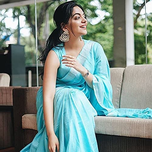Image of STB-SILK TEXTILES BHAGALPUR Women's Bhagalpuri Linen Saree With Blouse Piece