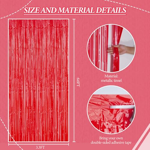 Image of DECOCKRAT 2 Pack Foil Fringe Backdrop - Pastel Red Shiny Tinsel Curtains for Party Decoration /Photo Booth Props - 3.3x6.6 FT Metallic Foil Backdrop for Birthday, Wedding, Graduation, Christmas.