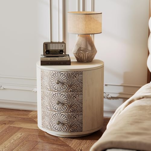 Image of SUNBURY End Table Living Room Small Side Table w 3 Drawers, Vintage Bedside Table, Elegant Nightstand Small Dresser for Bedroom, Lightweight MDF Accent Table (Floral Texture)
