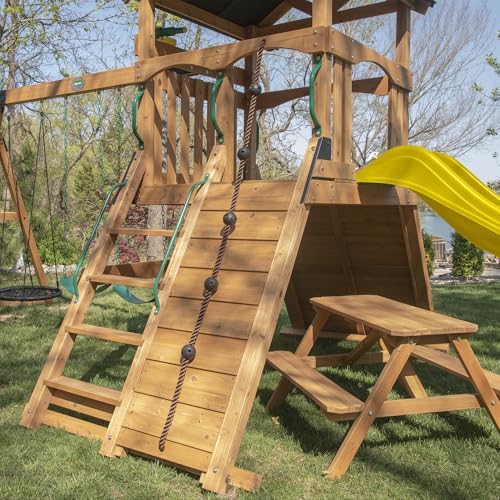 Backyard Discovery Endeavor II Cedar Wood Swing Set with Wave Slide, Play Deck, Double Rock Wall, Picnic Table, Climbing Wall, Belt Swings, Web Swing, Toy Telescope, Step Ladder, Outdoor Playset - image 6