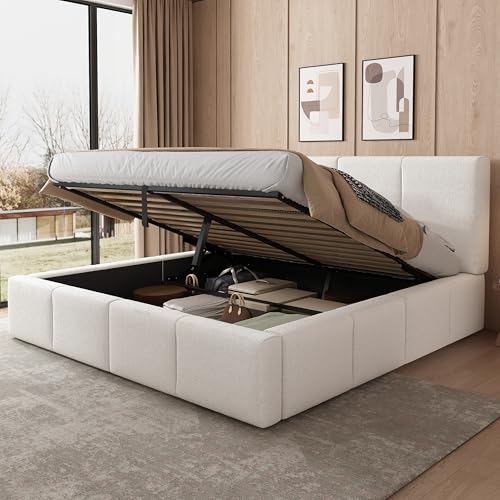ECLIVON Cama Tapizada Matrimonio 180x200, Camas Matrimoniales con Espacio de Almacenamiento Hidráulico, Estructura Cama Doble con Cabecero, Camas con Somier y Láminas, Sin Colchón, Bouclé, Beige