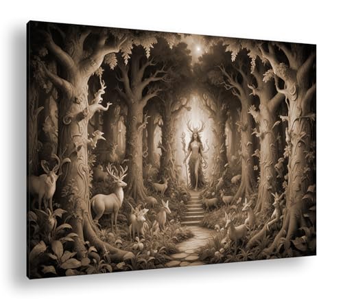 Tableau sur toile déesse de la forêt style sépia grand format 100x70 cm avec cadre en bois rustique