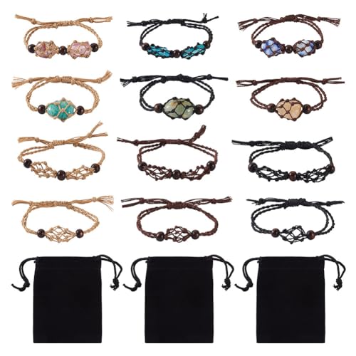 FASHEWELRY 6pcs Crystal Cage Bracelet Empty Stone Holder Bracelet Adjustable Macrame Gemstone Bracelet Holder with 6pcs Velvet Bags for DIY Bracelet Gift Making