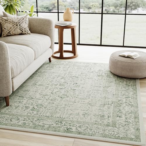 Sage Green Area Rug 4x6 Washable Office Entryway Carpet Vintage Distressed Non Slip Kitchen Indoor Entry Neutral Low Pile Retro Floral Farmhouse Throw Mat for Laundry Dining Room Bedroom