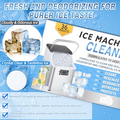 Image of Ice Machine Cleaner Tablets Descaler 36 Pack, Countertop Ice Maker Cleaner Tablets, Nickel Safe, Effective Remove Hard Water & Mineral Buildup for Countertop, Nugget Ice Makers,Crystal Clear Ice