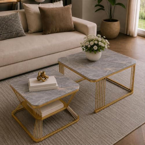 Image of Brown Art Shoppee Set of 2 Modern Coffee Tables with Marble Finish Top, Metal Frame, Nesting Center Table & End Table for Living Room Home Decor (Golden & Grey)