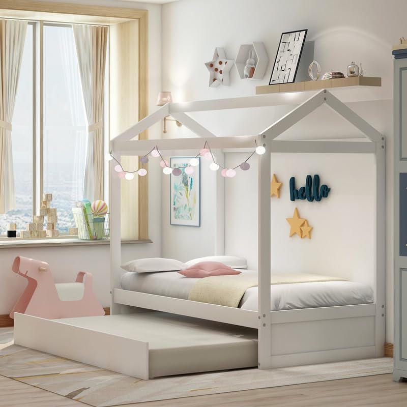 Twin Bed Frame with Trundle, Wooden Playhouse Platform Bed Twin Floor Bedframe with Roof, Can Be Decorated, Space Saving Design, No Box Spring Needed, White