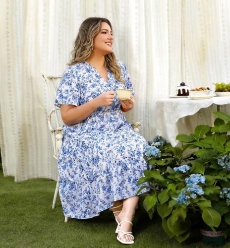 Image of TIYOMI Women Plus Size Dress Boho V Neck Short Sleeve Beach Maxi Dresses Floral /Stripe /Leaves /Lemon XL-5XL