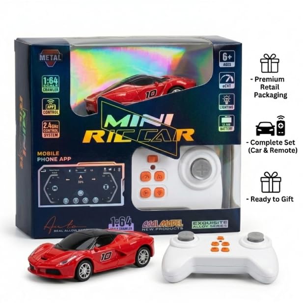Image of Mini RC Car 1:64 Scale Remote Control Car for Kids, App Controlled Electric Racing Toy with LED Lights, Rechargeable Battery, 2.4GHz Control System, Birthday Gift for Boys & Girls (RED)