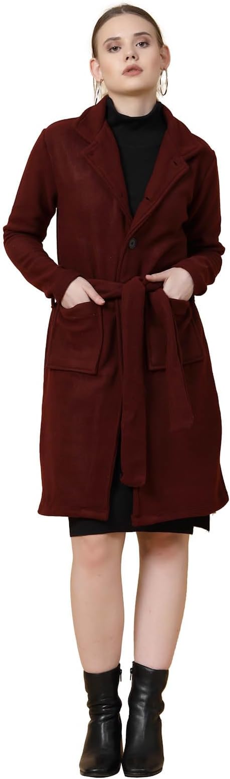 Cotton Full Sleeves Long Overcoat for Women | Regular Fit, Lapel Collar Women's Jacket | Winter Wear Over Coat for Women (Maroon, Large)