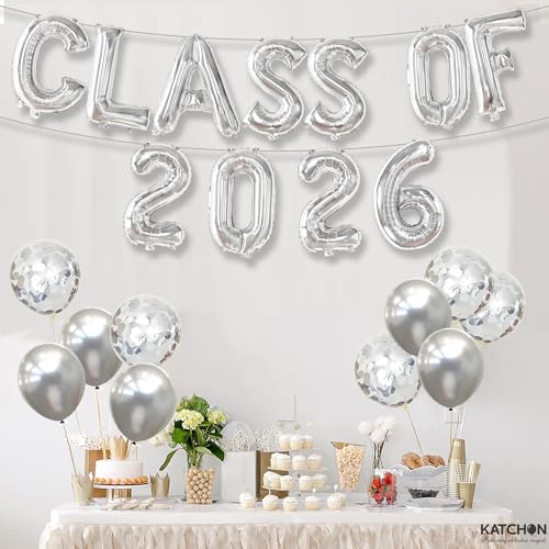 Image of Graduation Decorations 2026 | Silver Class of 2026 Balloons - 16 Inch | Graduation Balloons Banners | Silver Graduation Decorations | Class of 2026 Banner for Class of 2026 Decorations, KatchOn