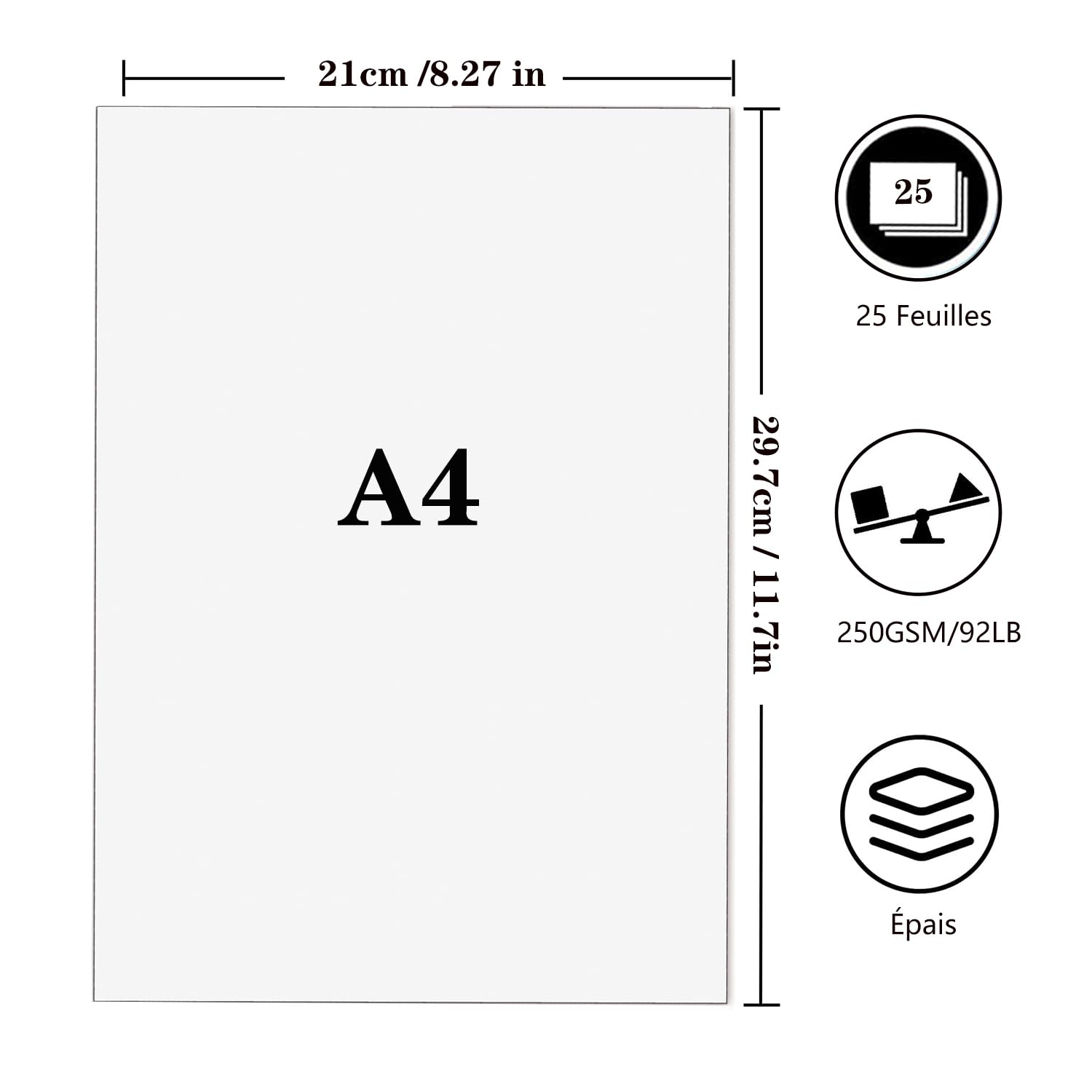 Lot de 25 feuilles de papier cartonné blanc, feuille cartonnée A4 250 g/m² épais carton bricolage pour la fabrication de cartes, le scrapbooking, l'impression au bureau et les loisirs créatifs