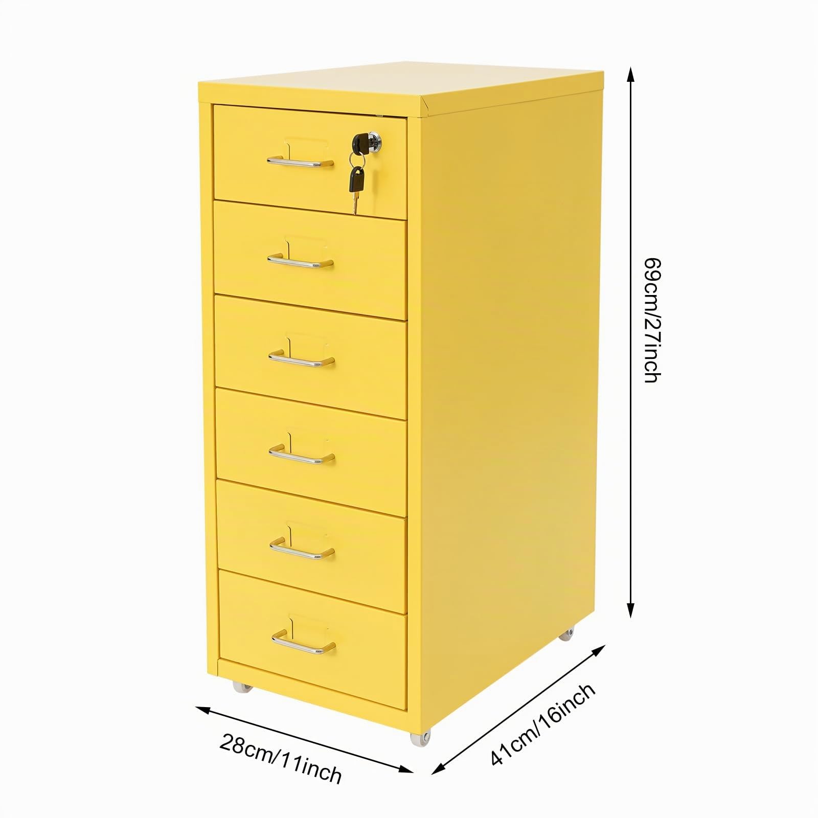 Cassettiera a rotelle con 6 cassetti, armadietto portatile in metallo, con chiave, armadietto per la casa e l'ufficio, 28 x 41 x 69 cm (giallo)