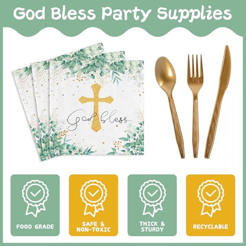 202pcs God Bless Baptism Party Supplies First Holy Communion Plates and Napkins Include Cross Tablecloth Balloons Banner Christening Celebration Baby Shower Party Supplies Serve 30 Guests - Thumbnail 2