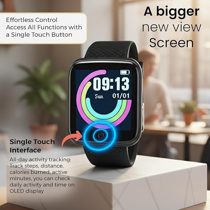 Image of Smart Watch with Fitness Tracker, 1.7 Inch Touch Screen, Heart Rate Monitor, Black Sports Band, Digital Display, Bluetooth Compatible