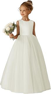 Elegant O-Neck Flower Girl Dress for Wedding Girl's Pearls Formal First Communion Dresses with Bowknot - Buy now