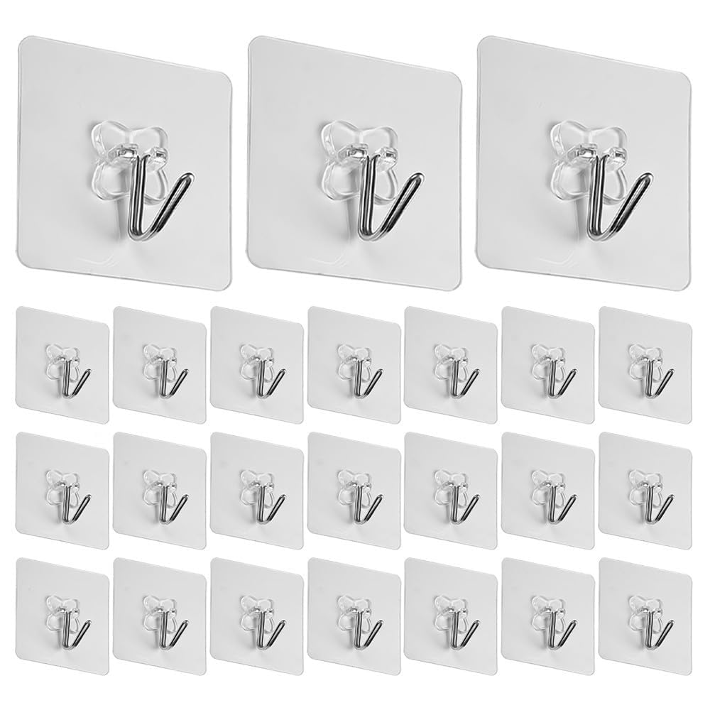 YSHODGU 24 Pcs Self Adhesive Hooks - Heavy Duty Sticky Wall Hooks Key Hook Duty Plastic Transparent Wall & Ceiling Hooks for Kitchen, Bathroom, Office - Hanging Towels, Coats