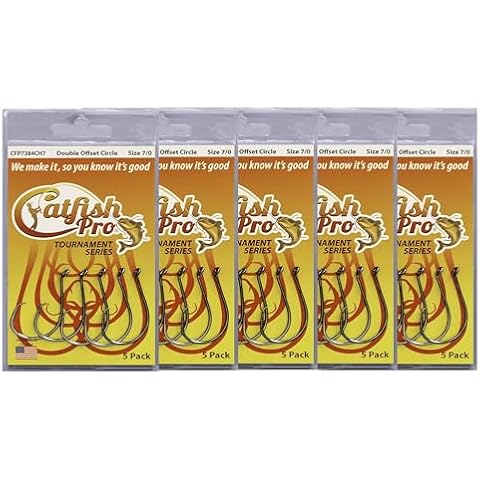 Catfish Pro Tournament Series Double Offset Circle Fishing Hooks - High Carbon Steel, Razor Sharp, Easy Snelling, Prevents Swallowing, Corner Mouth Hook Set - 5 Pack of 25 Hooks (Size 7/0) Cover