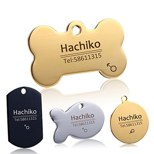 YVYOO Custom Dog Collar Stainless Steel Dog cat tag Free Engraving Pet Dog Collar Accessories ID tag Name Telephone Personalized (Golden Bone, L)