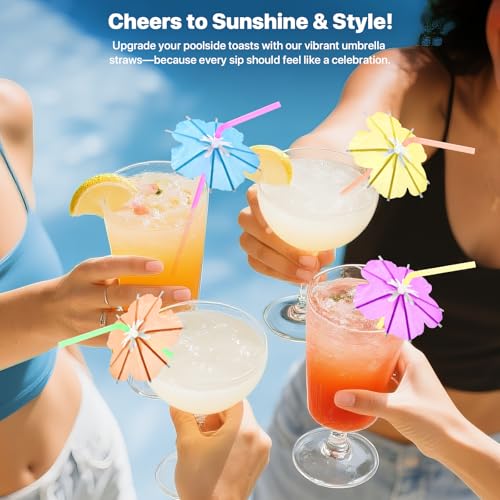 WELLFAR Fun Umbrella Drink Straws, Tropical Cocktail Straws with Mini Umbrella, Tiki & Hawaiian Party Decorations, Colorful Parasol Straw for Margarita, Pina Colada, Mojito, Summer Beverages. 50 PCS