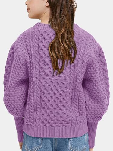 Image of rrhss Girls Cable Knit Sweaters Kids Fall Fashion Puff Sleeve Ribbed Cuffs Crewneck Clothes 5-14 Years