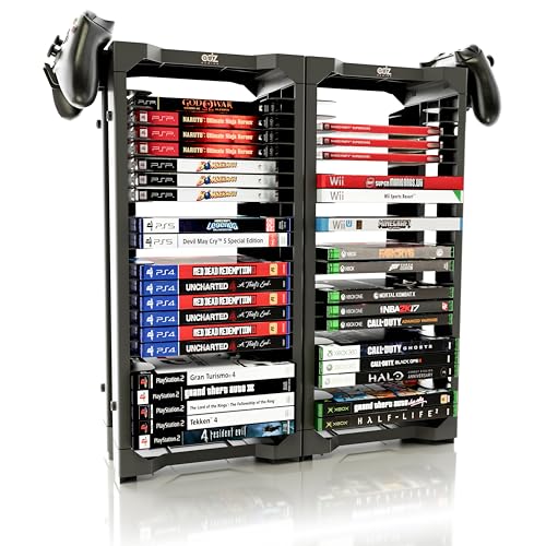 ADZ Universal Game Holder – 46 Game Storage Tower Rack for PS2 PS3 PS4 PS5 PSP Xbox 360 Xbox One Series X Wii Switch Games DVD and Blu-Ray Disks. Includes 2 Controller Mounts (Black)