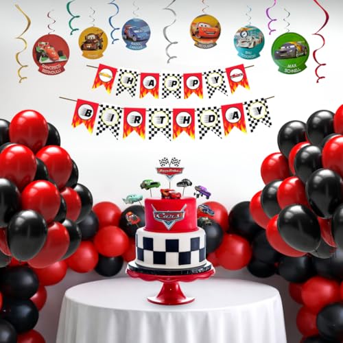 Image of Wanna Party Car Theme Birthday Decoration for Boys - 20 Red & 20 Black Balloons, Car Birthday Banner, 12 Car Swirl Hangings & Cake Toppers | Complete Racing Party Decoration for Kids Birthday