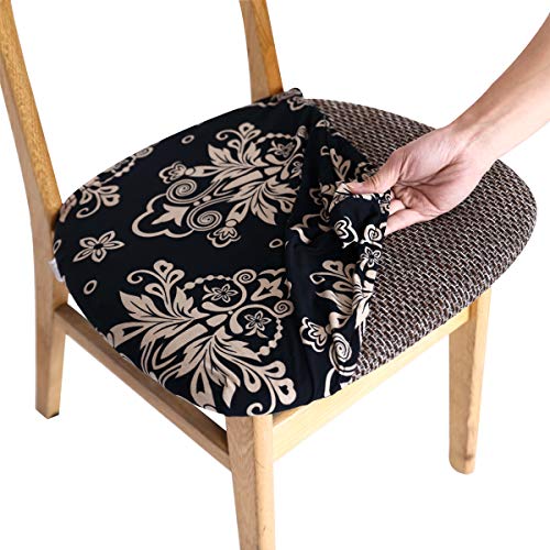 Subcluster 6 Pcs/Set Stretch Printed Dining Chair Seat Covers Removable Washable Anti-Dust Upholstered Spandex Jacquard Soft Chair Seat Cover for Dining Room Kitchen Office (Black-A)