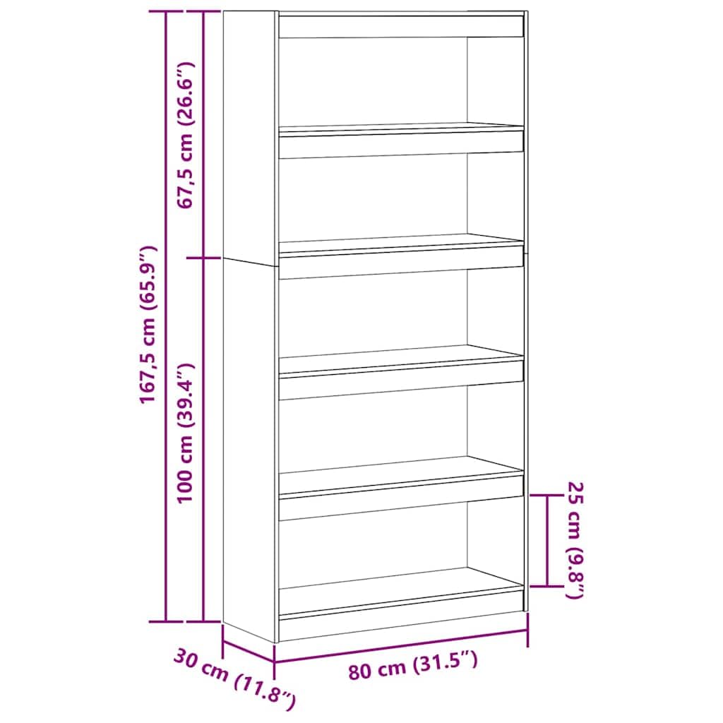 Libreria marrone cerato, 80 x 30 x 167,5 cm, in legno di pino massiccio, con 5 ripiani, per soggiorno, ufficio e cameretta dei bambini, contenitore rustico per libri, documenti, decorazione