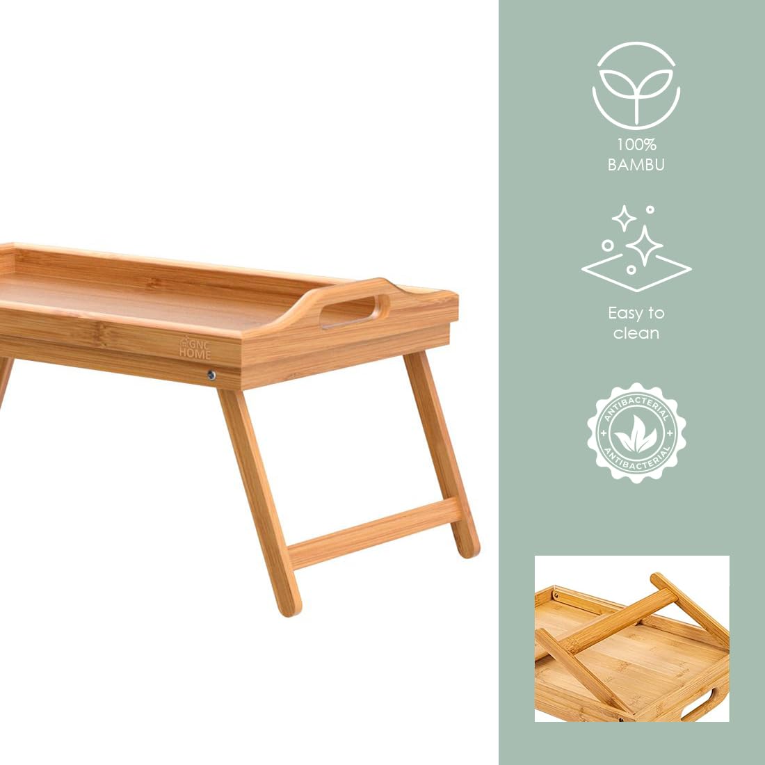 Plateau en bambou avec double fonction : Table de petit-déjeuner avec pieds déployants et bord haut - Idéal pour lit et canapé - Table pliante - Plateau en bois - 50 x 30 x 23 cm