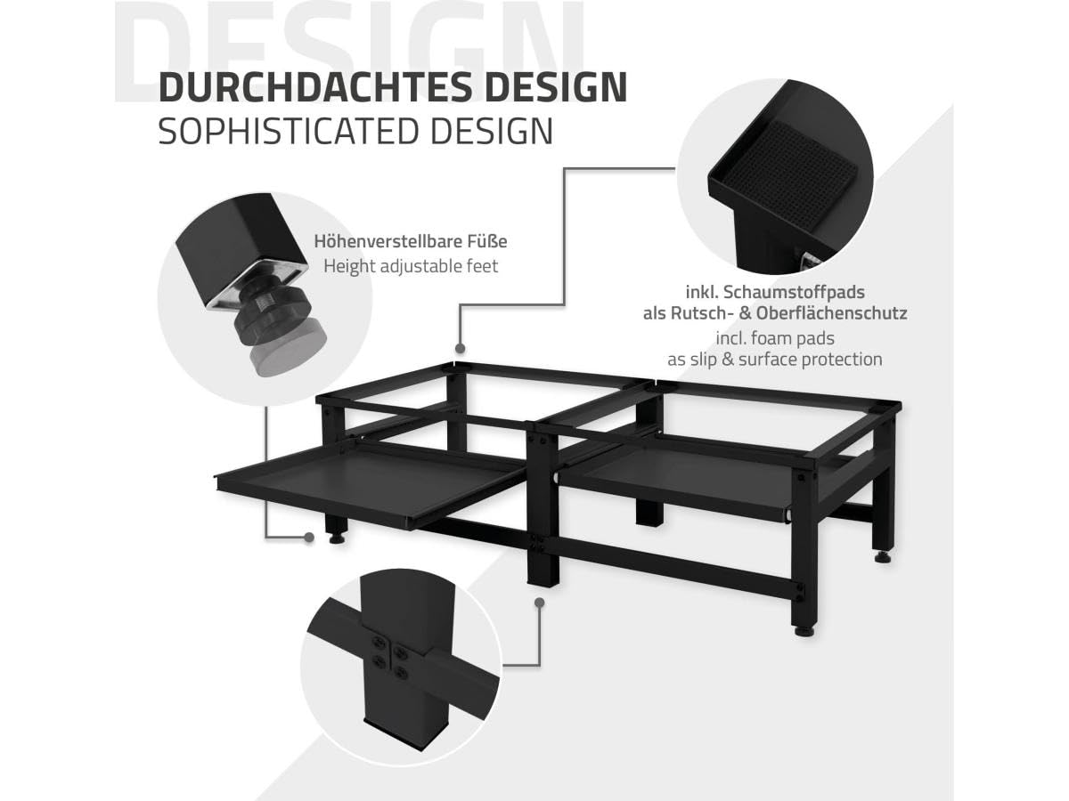 ML-Design Doppel Waschmaschinen-Untergestell mit 2 ausziehbaren Ablagen, Schwarz, Stahl, bis 2x 150kg + 10 kg, verstellbare Füße, Waschmaschinensockel 2-Fach, Doppeluntergestell Doppelpodest Erhöhung