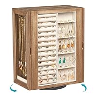 Emfogoo Joyeros Mujer Organizador, 360º Giratorio Organizador Joyas Grande Madera con 5 Cajones, Puerta Lateral de Cristal, Vertical Joyero para Pendientes, Collares, Anillos y Pulseras (Retro Brown)