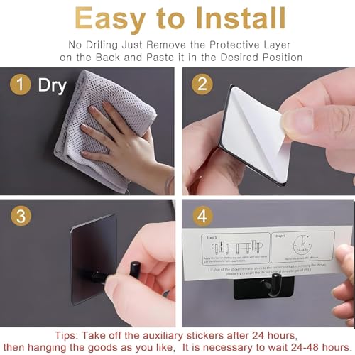 Image of 4 PCS Self Adhesive Hooks /Wall Hangings Hook /Waterproof Stainless Steel Hooks for Wall Without Drilling Heavy Duty Bathroom Kitchen Towel Wall Hooks for Hanging Strong Coat Black