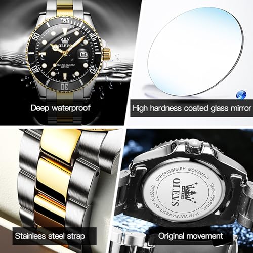 Image of OLEVS Watch for Men Diamond Business Dress Analog Quartz Stainless Steel Waterproof Luminous Date Two Tone Luxury Casual Wrist Watch