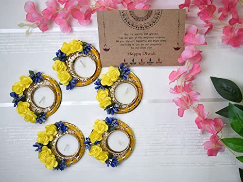 STORE INDYA Set of 5 Fancy Pooja Diyas with tealight Holder Decorated with Roses | Home Decorations and Gift Items
