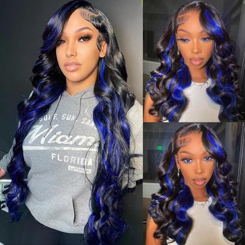 5x5 Black and Blue Colored Lace Front Wig Human Hair