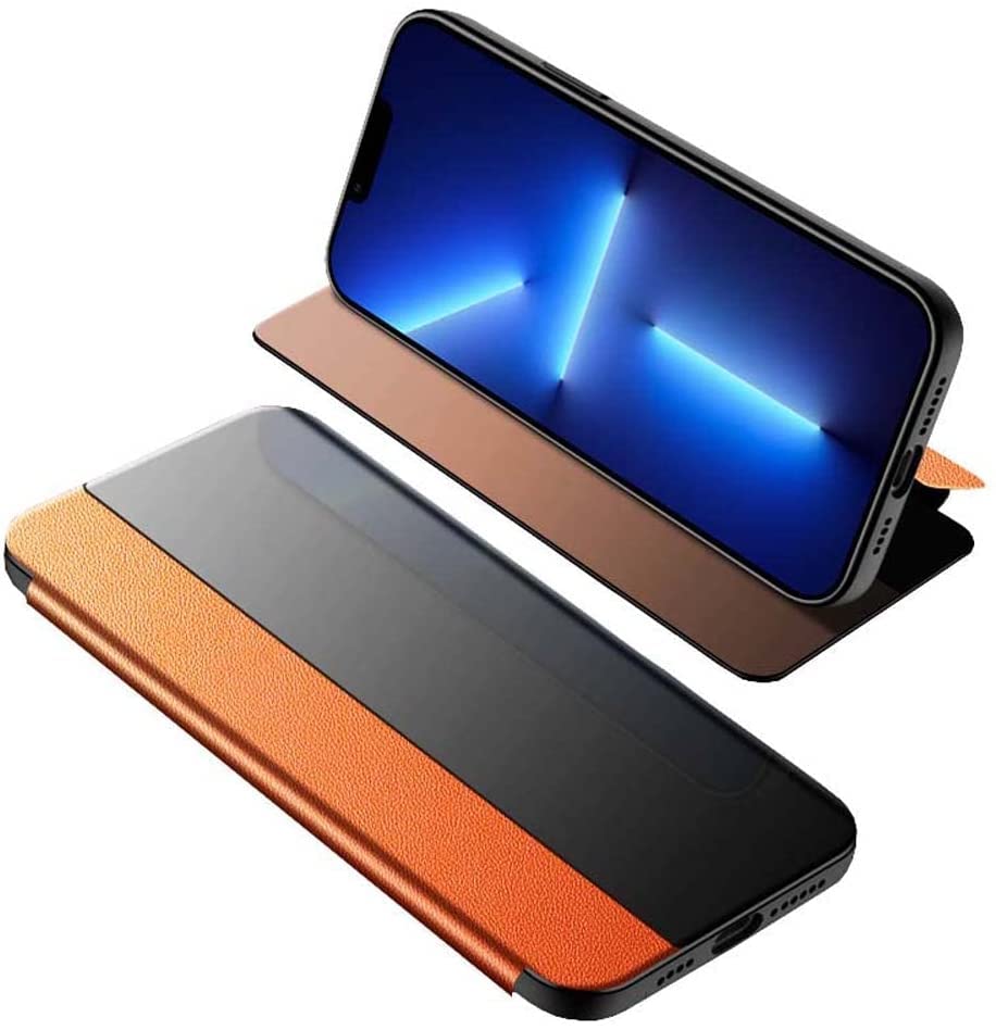 Étui iPhone 13 Pro Max à rabat orange avec fenêtre et béquille