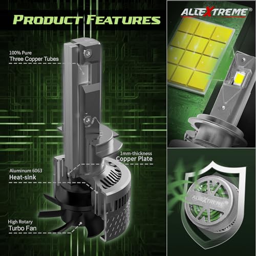 Image of AllExtreme H7 350W LED Headlight Bulb for Cars IP68 Water-Resistant Super Bright 6000K /35000LM Conversion Kit with 3 Copper Tube Heat Conduction System (1 Year Warranty, Set of 2)