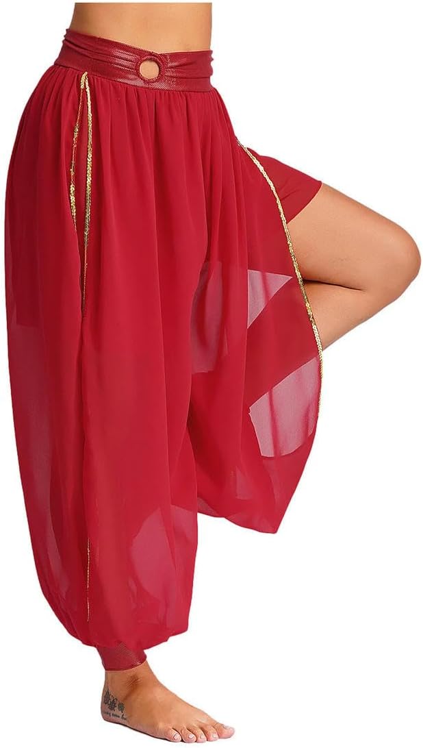 Womens Belly Dance Bloomers Halloween Theme Party Costume Chiffon O-Ring Ruched Waistband Side Split Pants