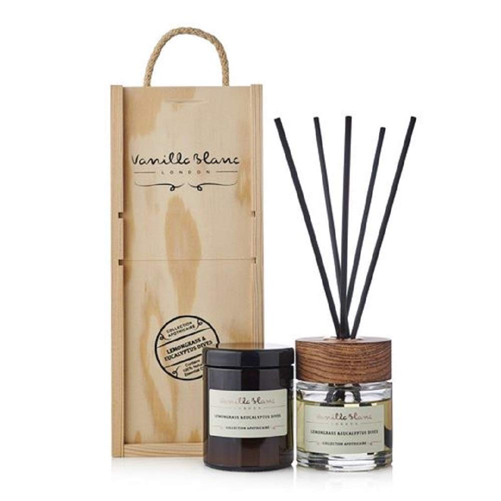 Vanilla Blanc Naturalny trzcinowy dyfuzor i świeca zestaw prezentowy zamknięty w podpisie ręcznie wykonane drewniane pudełko (trawa limonowa i eukaliptusowa)