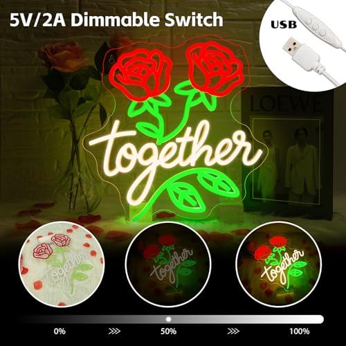 Image of Looklight Together Neon Sign Wedding Neon Signs for Wall Decor Flower Light Happy Anniversary Sign Rose Wall Decor Led Lights for Anniversary Celebration Wedding Party Bedroom Home Decorations Gifts