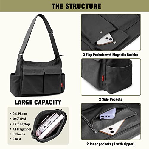 Captain Blues Canvas Messenger Bag Umhängetasche Crossbody Schulter Tote Hobo Bag für Frauen und Männer - Große Tasche mit mehreren Fächern (Schwarz)